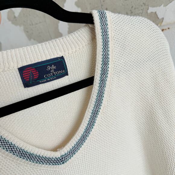 Vtg 90s Sweater Men L Cricket V Neck Sweater Cream Embroidered Isuzu Logo Preppy - Picture 12 of 12